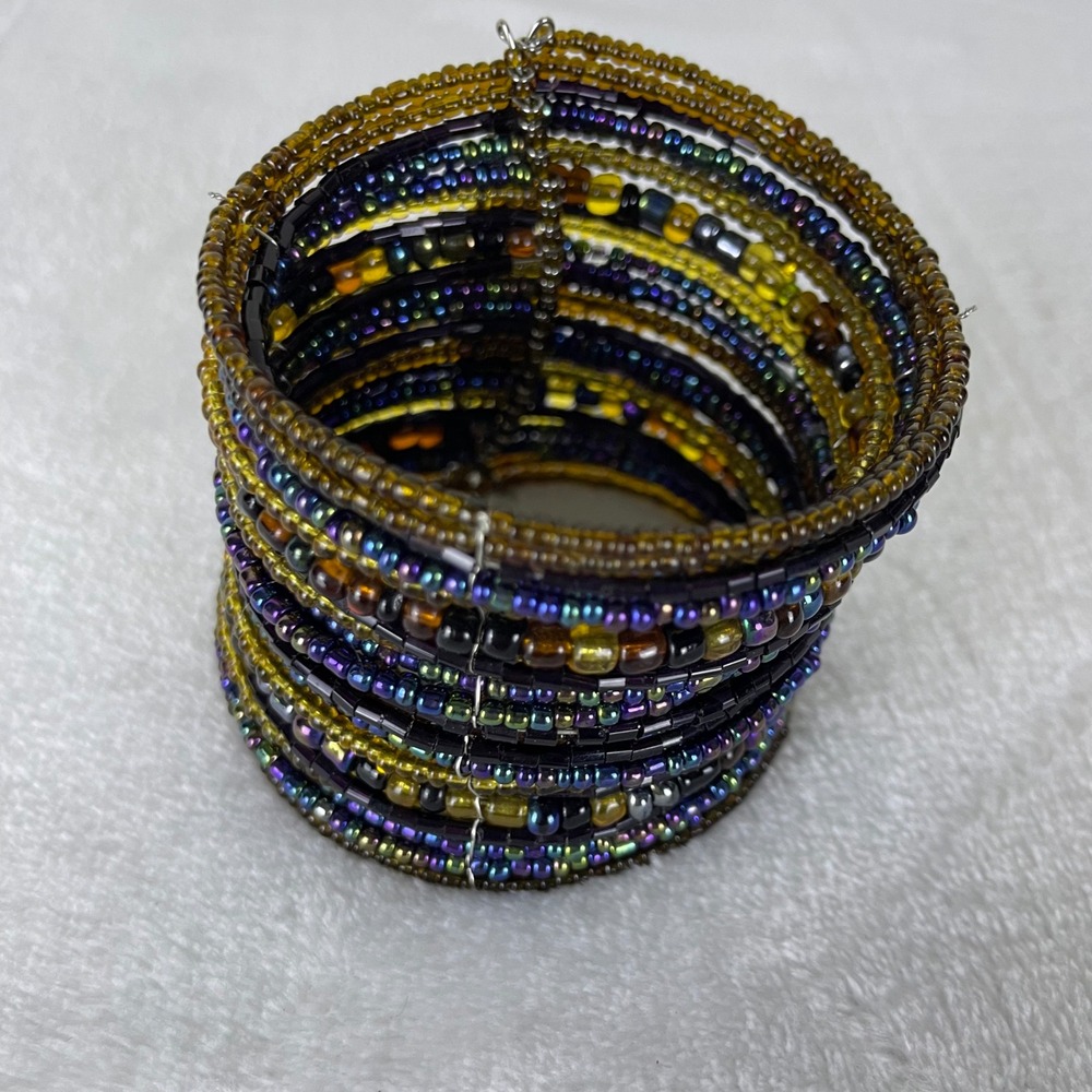 Boho Iridescent Seed Bead Memory Wire‎ Wrap Cuff Bracelet Festival  Amber Purple